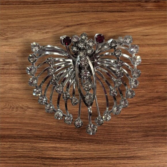 Vintage Rhinestone & faux Ruby Butterfly brooch pin silver tone - Picture 3 of 6